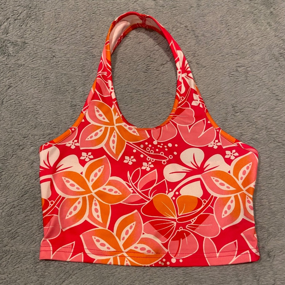Floral Halter Crop Top – Pink & Orange, Size Small